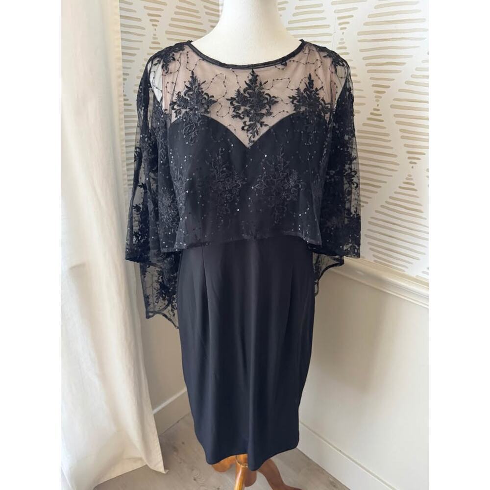 R&M Richards Women’s Size 10 Large Black Embroidered Sheer Caplet Cocktail Dress - Picture 2 of 8